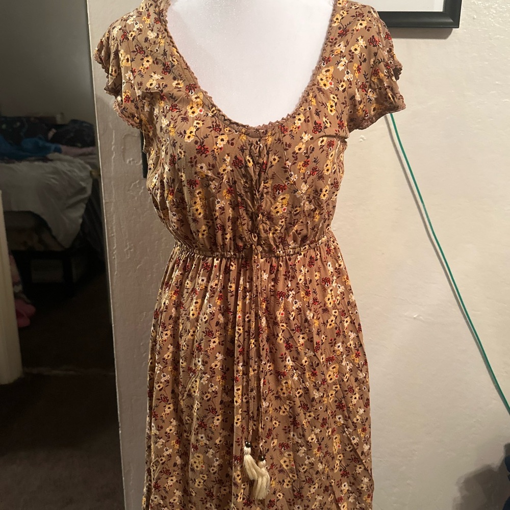 Angie Mustard Floral Midi Dress with Tie Waist
